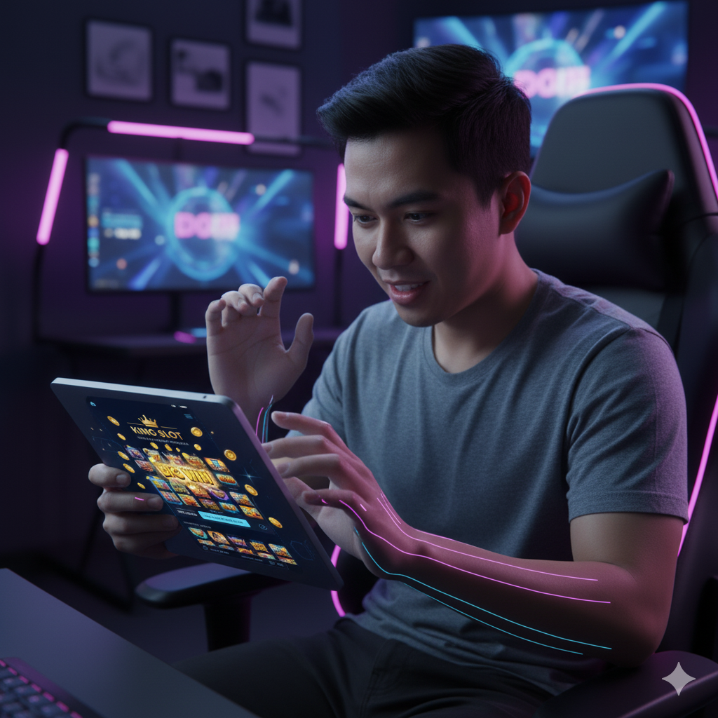 King Slot dengan seseorang yang sedang bermain, menyoroti pengalaman bermain yang seru, adil, dan menguntungkan.