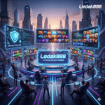 Gambar ini menampilkan sebuah pusat hiburan online futuristik dengan latar belakang kota yang modern. Di tengah, terdapat panggung bundar dengan logo "Ledak888" dan tulisan "30% BONUS FOR NEW MEMBERS". Sekeliling panggung, banyak orang terlihat sedang bermain game di laptop dan monitor besar yang menampilkan ribuan pilihan game. Di sisi kiri atas, ada panel besar dengan ikon perisai dan tulisan "STRONG DATA SECURITY SYSTEM", menekankan keamanan data. Seluruh suasana digambarkan dengan pencahayaan neon yang cerah, menciptakan kesan platform hiburan online yang lengkap dan menguntungkan.