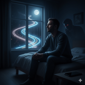 Gambar ini menampilkan seorang pria yang duduk termenung di tepi tempat tidur di kamar yang remang-remang. Cahaya bulan bersinar melalui jendela, menerangi jalanan kota yang tampak seperti garis-garis neon bercahaya, melambangkan pilihan hidup. Di belakang pria itu, bayangan samar dengan mata merah menyala dan seringai licik terlihat, merepresentasikan godaan internal. Suasana gambar mencerminkan konflik batin dan refleksi tentang pilihan yang benar versus jalan pintas.