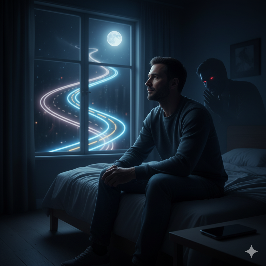 Gambar ini menampilkan seorang pria yang duduk termenung di tepi tempat tidur di kamar yang remang-remang. Cahaya bulan bersinar melalui jendela, menerangi jalanan kota yang tampak seperti garis-garis neon bercahaya, melambangkan pilihan hidup. Di belakang pria itu, bayangan samar dengan mata merah menyala dan seringai licik terlihat, merepresentasikan godaan internal. Suasana gambar mencerminkan konflik batin dan refleksi tentang pilihan yang benar versus jalan pintas.