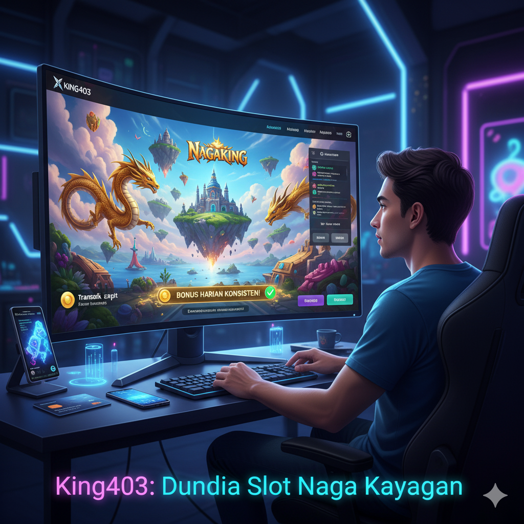 gambar yang merepresentasikan pengalaman Anda di King403, dengan fokus pada sensasi dunia fantasi, transaksi cepat, bonus, serta tema naga kayangan yang menonjol dari Nagaking.
